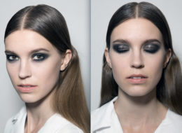 Nos bastidores do desfile de inverno 2015 de Pascal Millet dá pra ver bem como era o esfumado antes do gloss e como ele ficou depois. Pense que no fim da noite estará ainda mais melecado (Foto: Style Bistrot)
